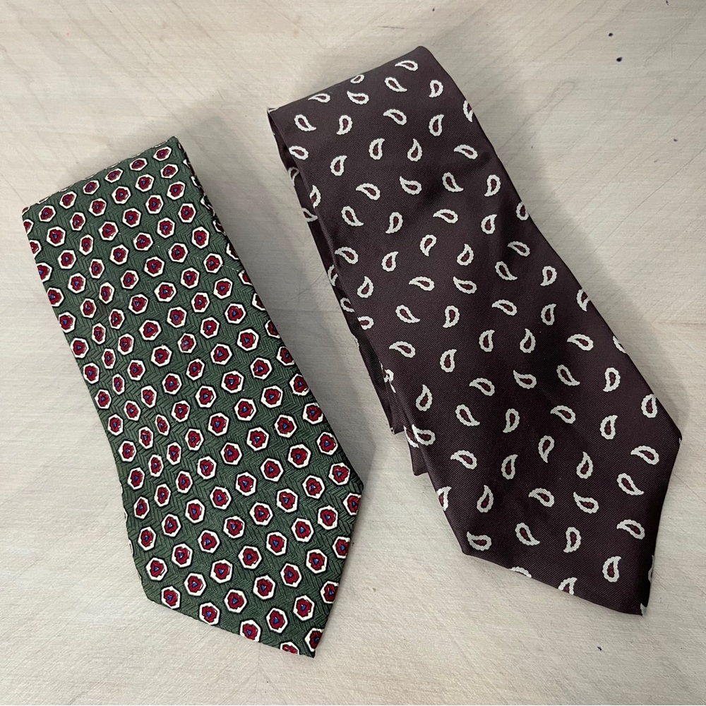 (2) Polo Ralph Lauren Silk Ties Green and Brown Patterned Paisley 4"
